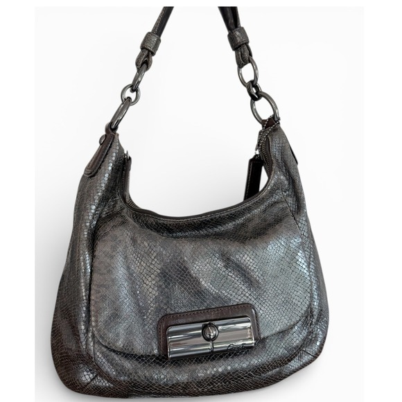 Coach Handbags - Coach Kristin Shoulder Bag Metallic Snakeskin Embossed Leather Gunmetal Hardware